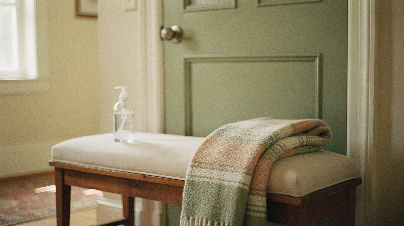 Folded muslin swaddle blankets and a soft baby brush in a woven basket on a made bed