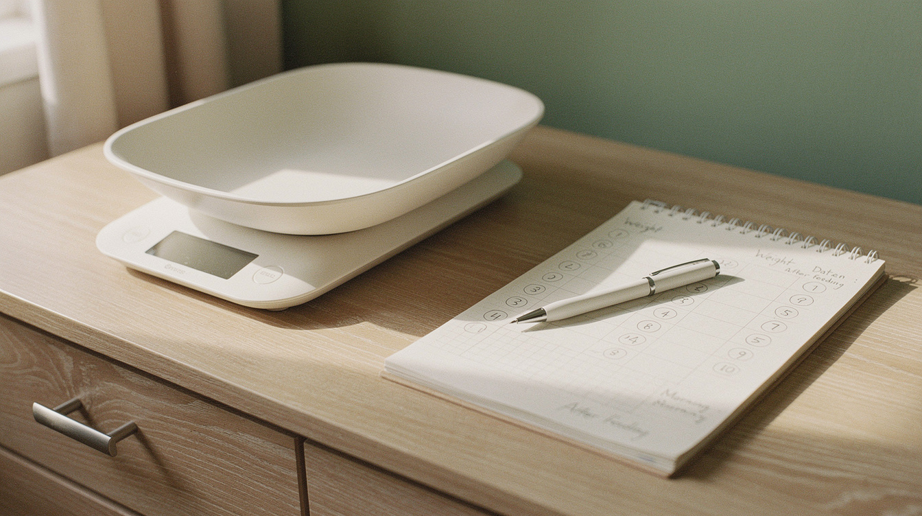 A lightweight digital infant scale with a curved weighing bowl sitting on a wooden dresser top, beside a small spiral notebook open to a page of hand-drawn weight tracking entries with circled numbers and dated rows, and a pen resting across the notebook.