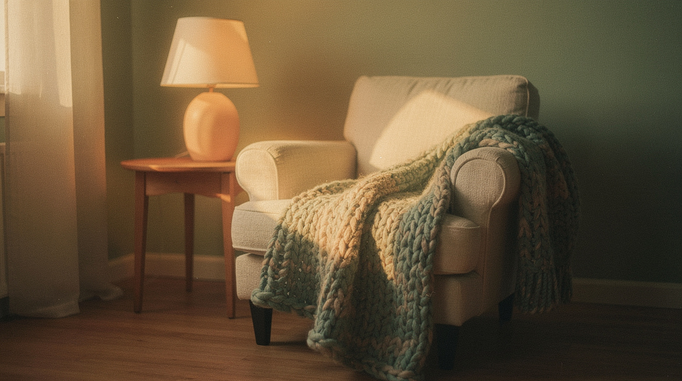 A dim living room at golden dusk, a knit blanket draped over an armchair and a softly glowing lamp