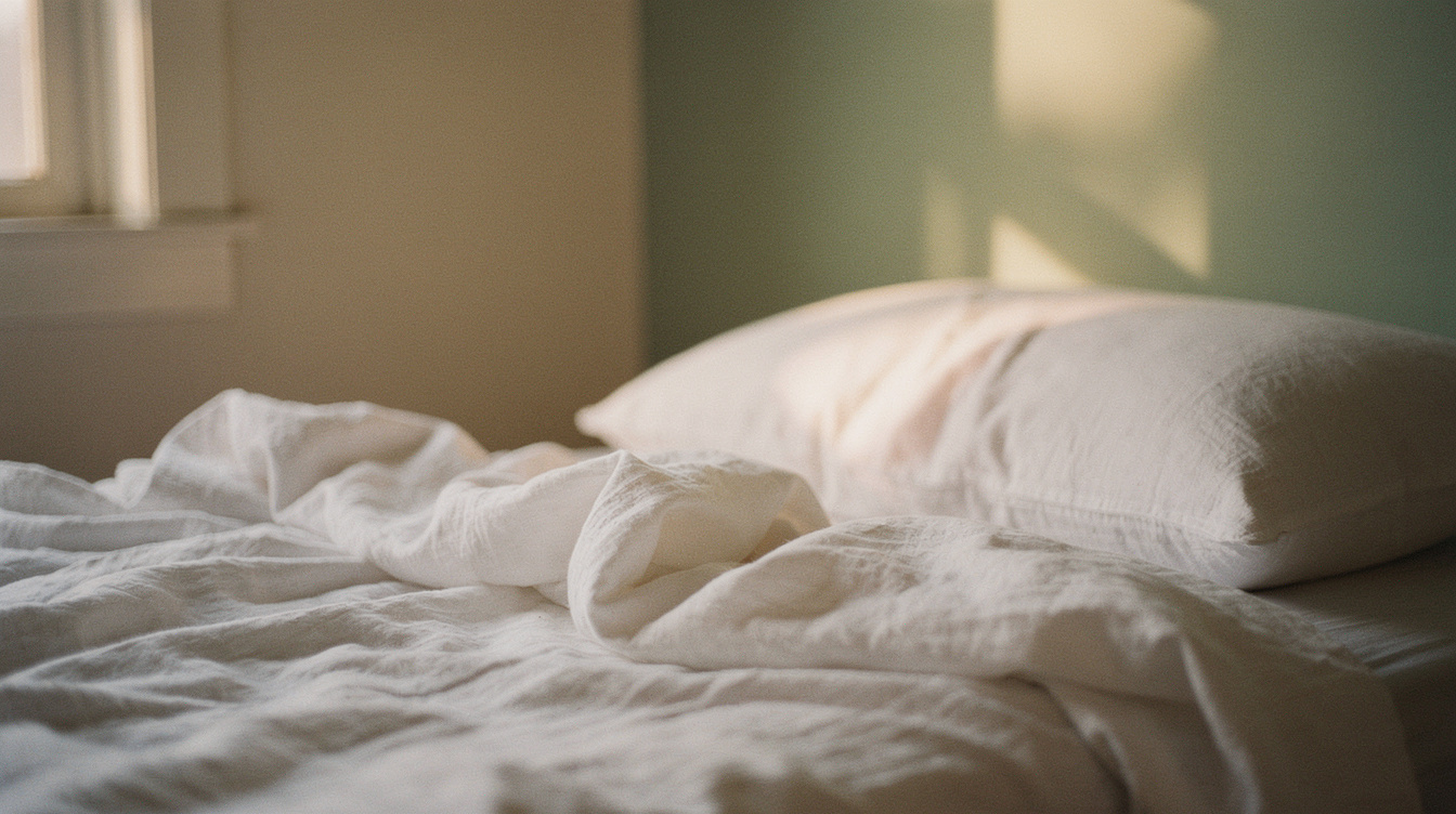 Soft morning light on a made bed — the feeling of a full night's rest