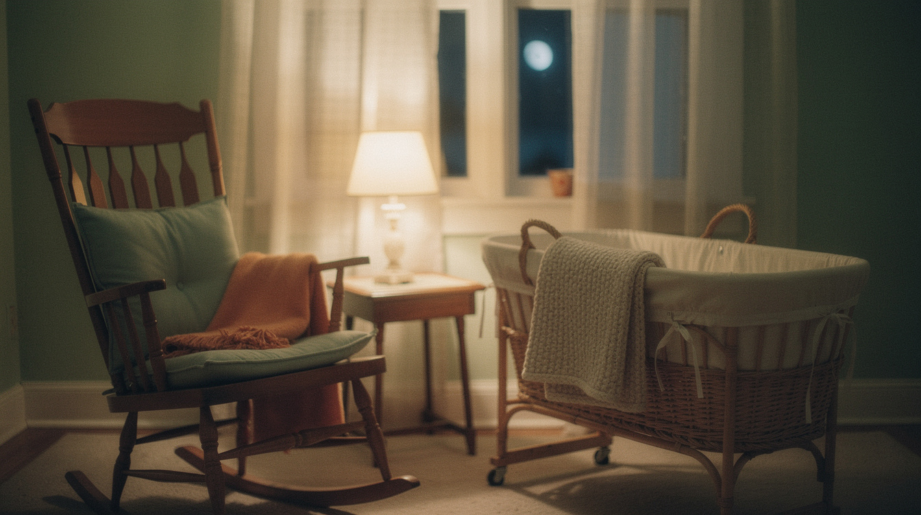 A calm nursery corner at night with a bassinet, a rocking chair and a warm glowing lamp