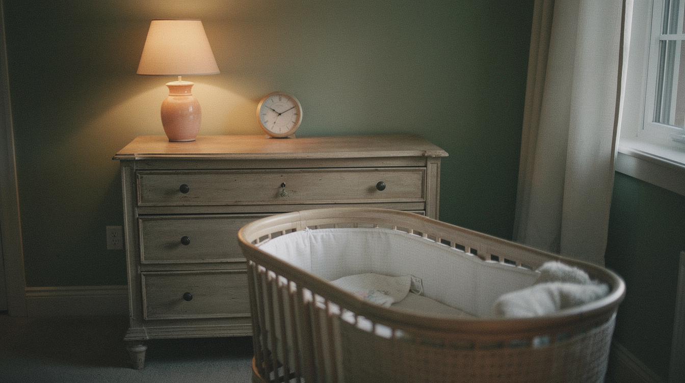 A dim nursery at night with a bassinet, a small clock and a softly lit lamp on the dresser