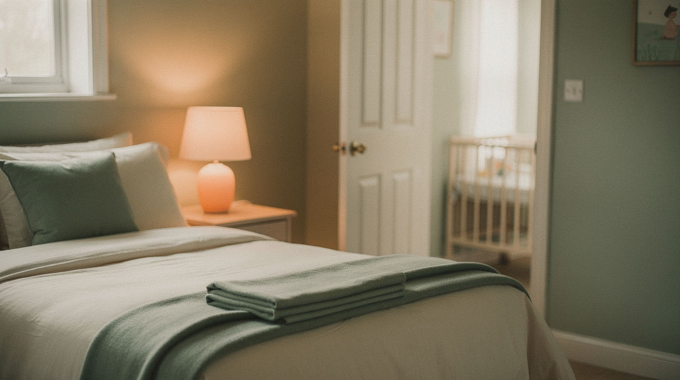 A dim nursery at night with a bassinet, a small clock and a softly lit lamp on the dresser