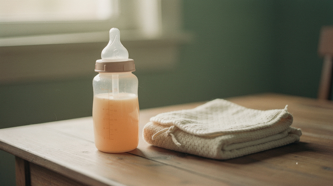 A single baby bottle standing beside a folded burp cloth on a wooden table in soft morning light
