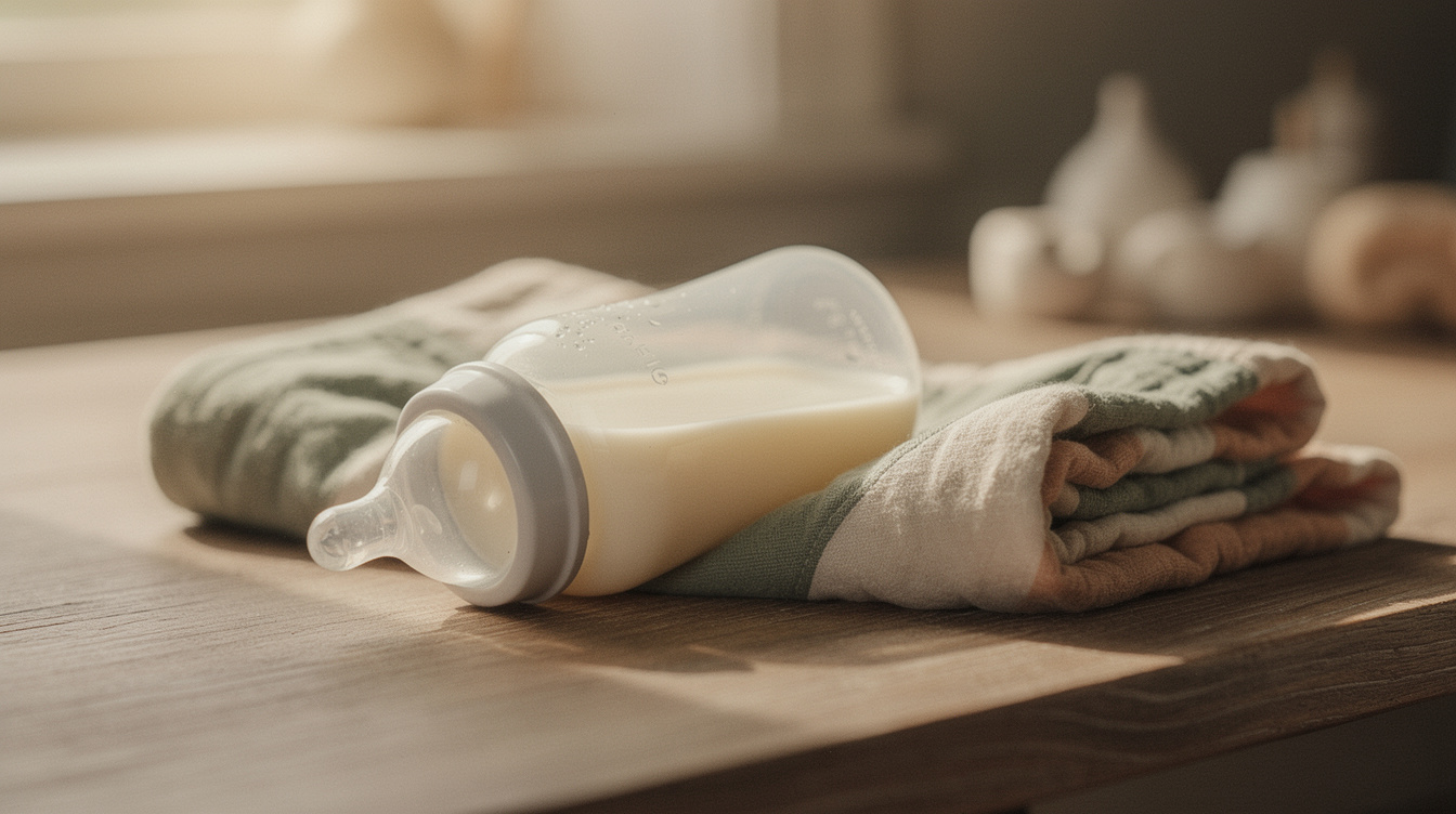 A single baby bottle standing beside a folded burp cloth on a wooden table in soft morning light