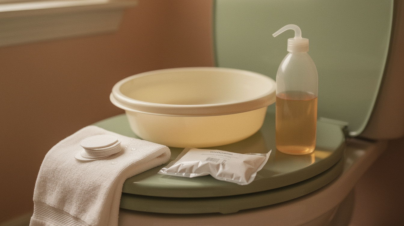 A shallow plastic sitz bath basin resting on a closed toilet lid, a peri bottle of warm water standing beside it, a few round witch hazel cooling pads stacked on a folded white towel, and a plain unlabeled instant cold pack — no packaging text anywhere in the scene