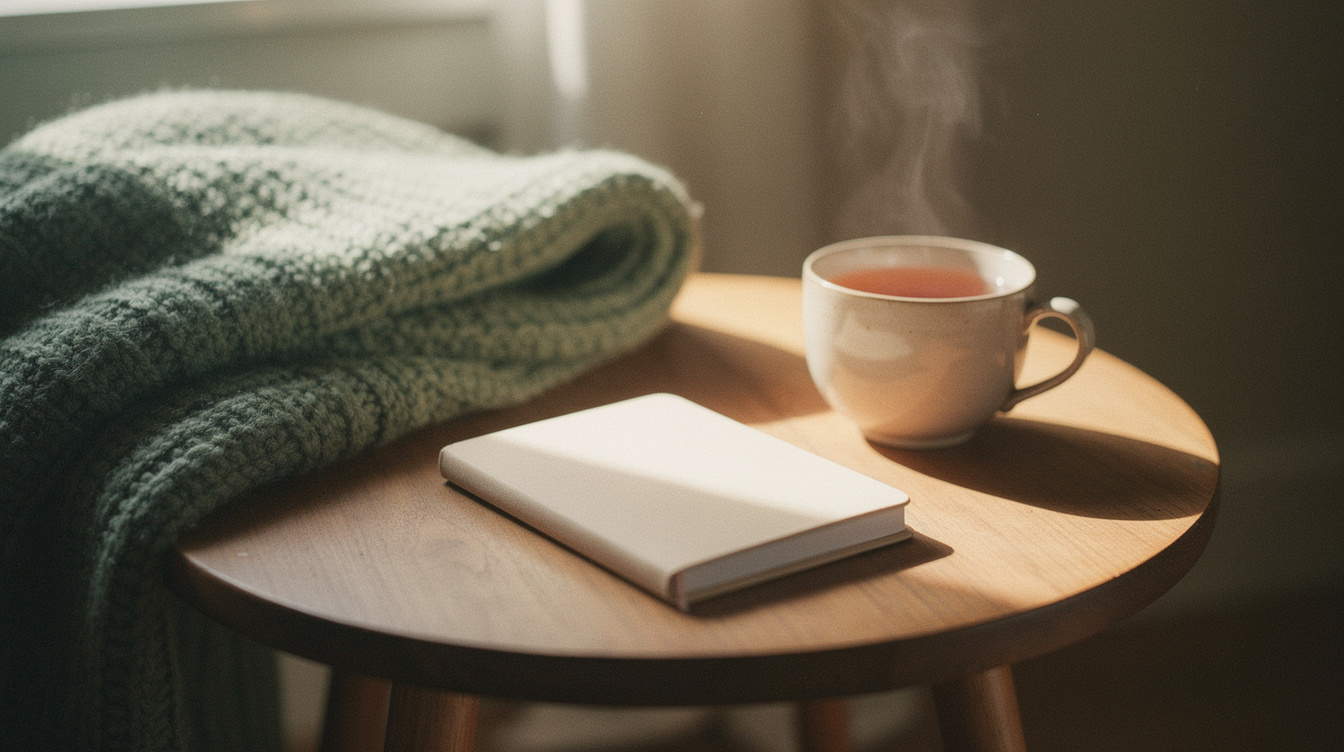 A cup of tea, a folded blanket and a small notebook on a side table in soft morning light