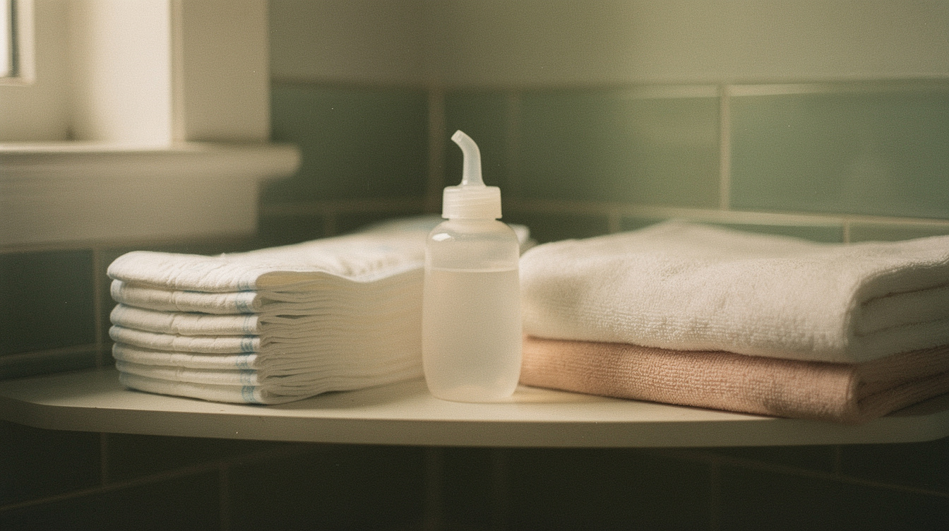 A cup of tea, a folded blanket and a small notebook on a side table in soft morning light