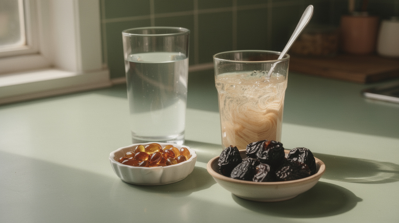 A tall glass of water, a small white dish of amber stool-softener gel capsules, a bowl of prunes, and a glass of stirred fiber supplement with a spoon resting in it, arranged on a kitchen counter in morning light