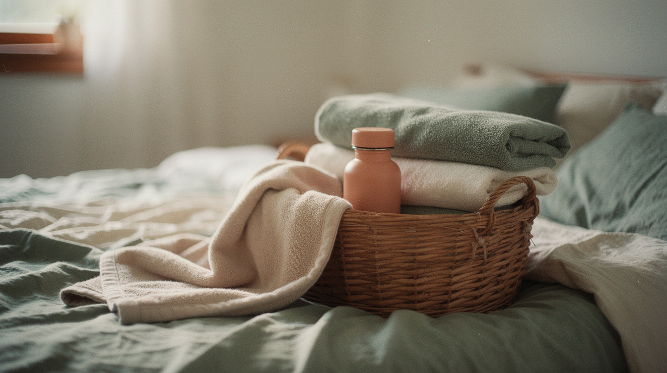 A woven basket of soft folded towels, a water bottle and a cozy robe resting on a made bed in soft light