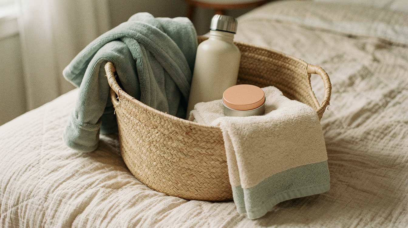 A woven basket of soft folded towels, a water bottle and a cozy robe resting on a made bed in soft light
