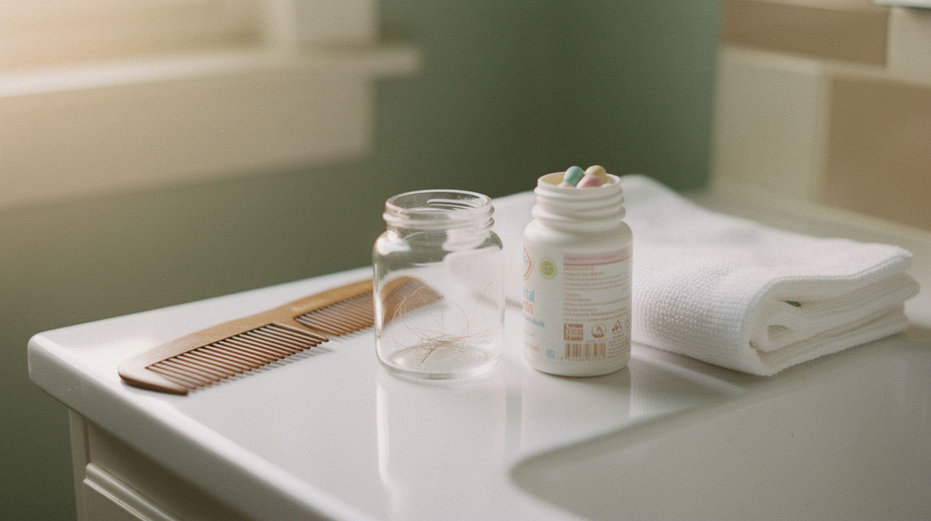 A white bathroom countertop holding a wide-tooth comb, a small clear glass jar with a few strands of shed hair inside, and an open bottle of prenatal vitamins beside a folded white washcloth, in soft morning light