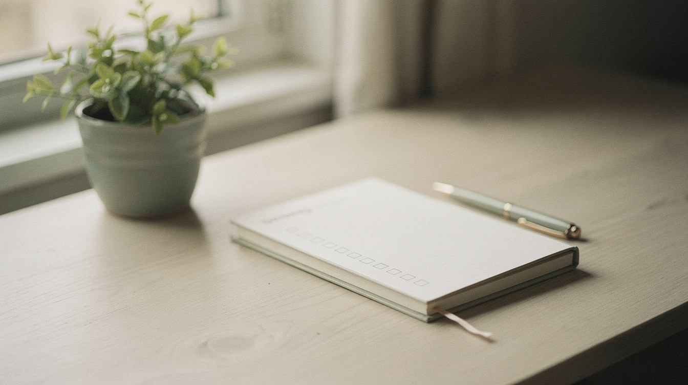 A neat pregnancy planning desk with a folded checklist notebook, a pen and a small potted plant in soft daylight
