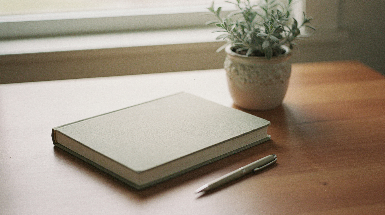 A neat pregnancy planning desk with a folded checklist notebook, a pen and a small potted plant in soft daylight