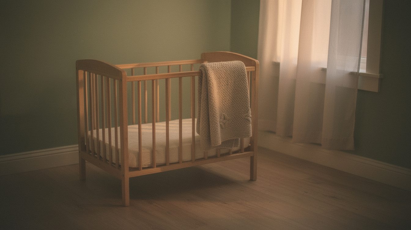 An empty wooden crib with a soft knit blanket beside a curtained window at dusk