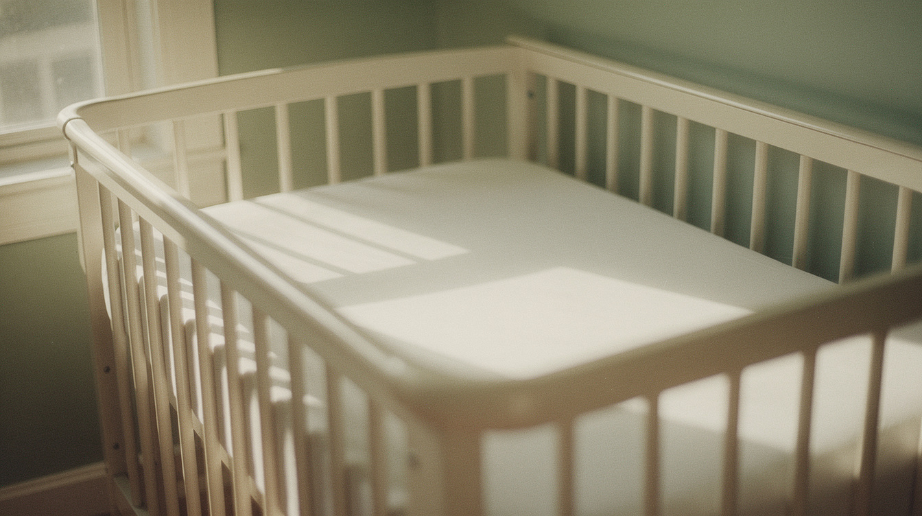 An empty wooden crib with a soft knit blanket beside a curtained window at dusk