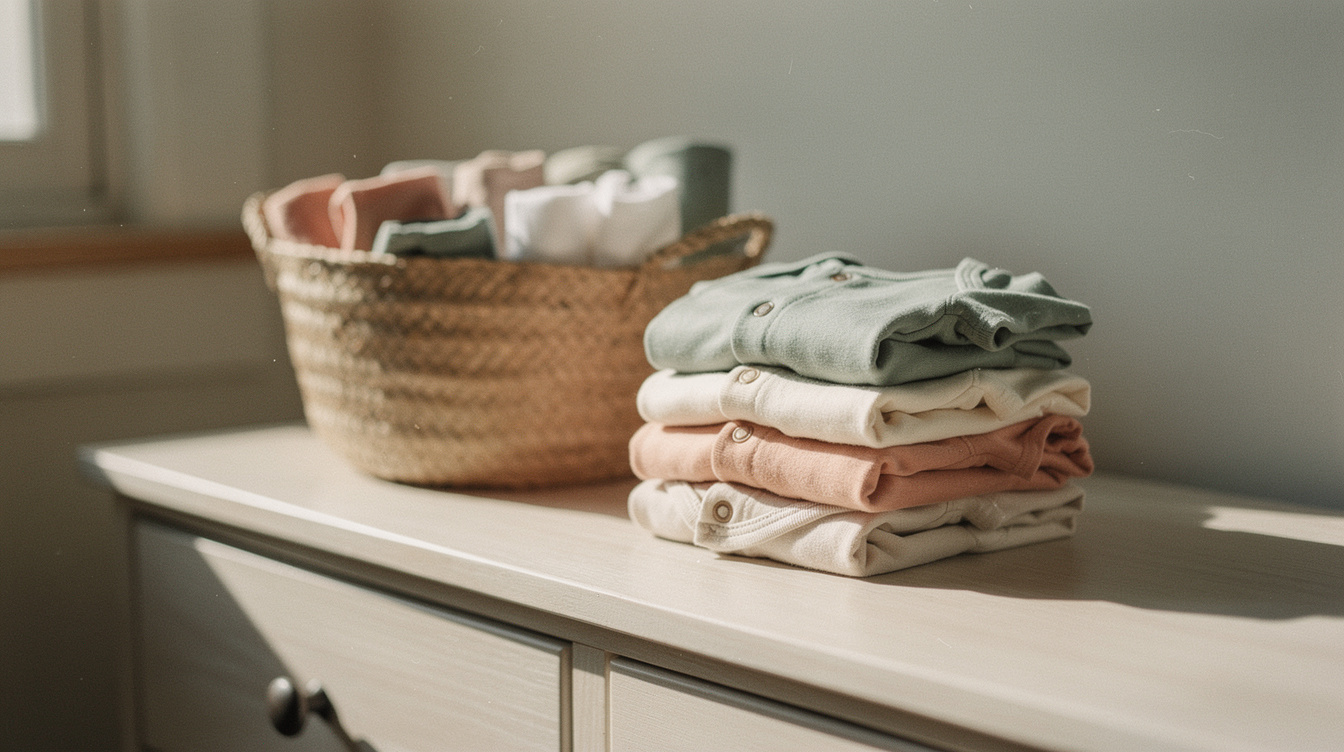 A stack of tiny folded baby clothes and a woven basket on a sunlit dresser