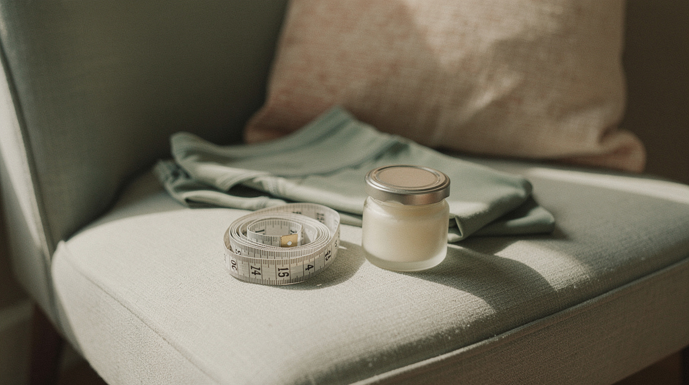 A stack of tiny folded baby clothes and a woven basket on a sunlit dresser
