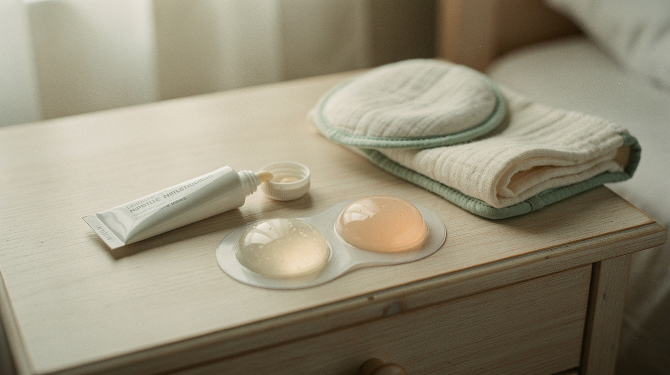 A plain unlabeled white tube of lanolin nipple ointment lying open beside two round cooling hydrogel nipple pads on their clear backing sheet and a single folded cotton nursing pad, on a pale wooden nightstand in soft morning light