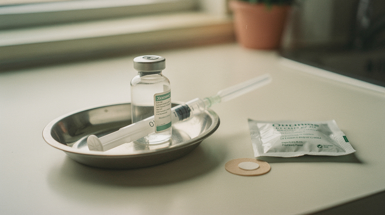 A plain unlabeled single-dose glass vaccine vial standing beside a capped syringe in a stainless kidney dish on a clinic counter, with a sealed foil alcohol prep pad and one small round adhesive bandage next to them in cool daylight