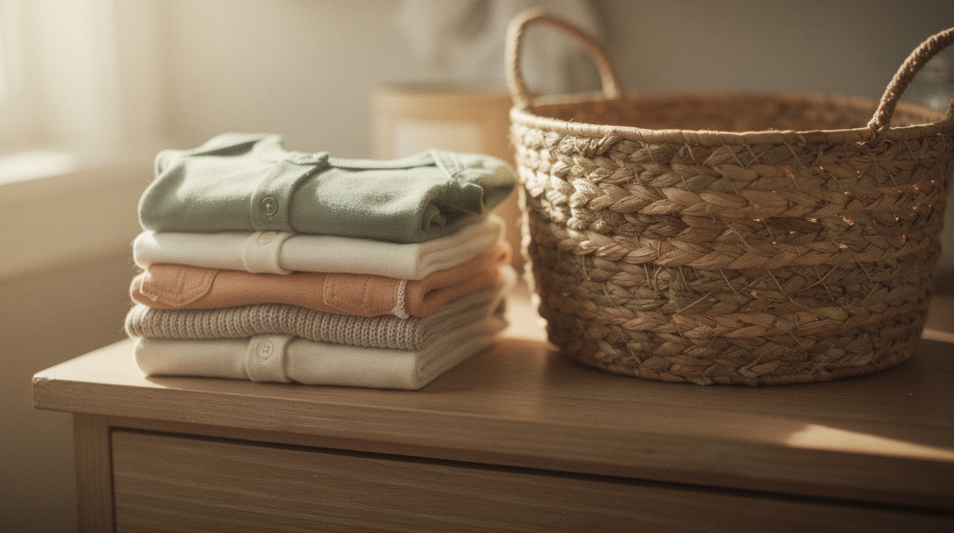 A stack of tiny folded baby clothes and a woven basket on a sunlit dresser