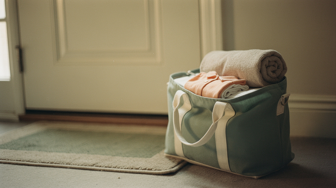 A stack of tiny folded baby clothes and a woven basket on a sunlit dresser