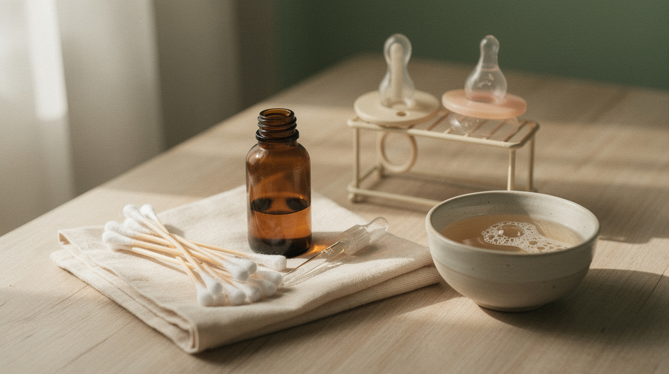 An unlabeled amber medicine bottle with a small oral dropper, a few foam-tipped mouth swabs laid out on a clean cloth, and a pacifier and bottle nipple drying on a small rack beside a bowl of warm soapy water