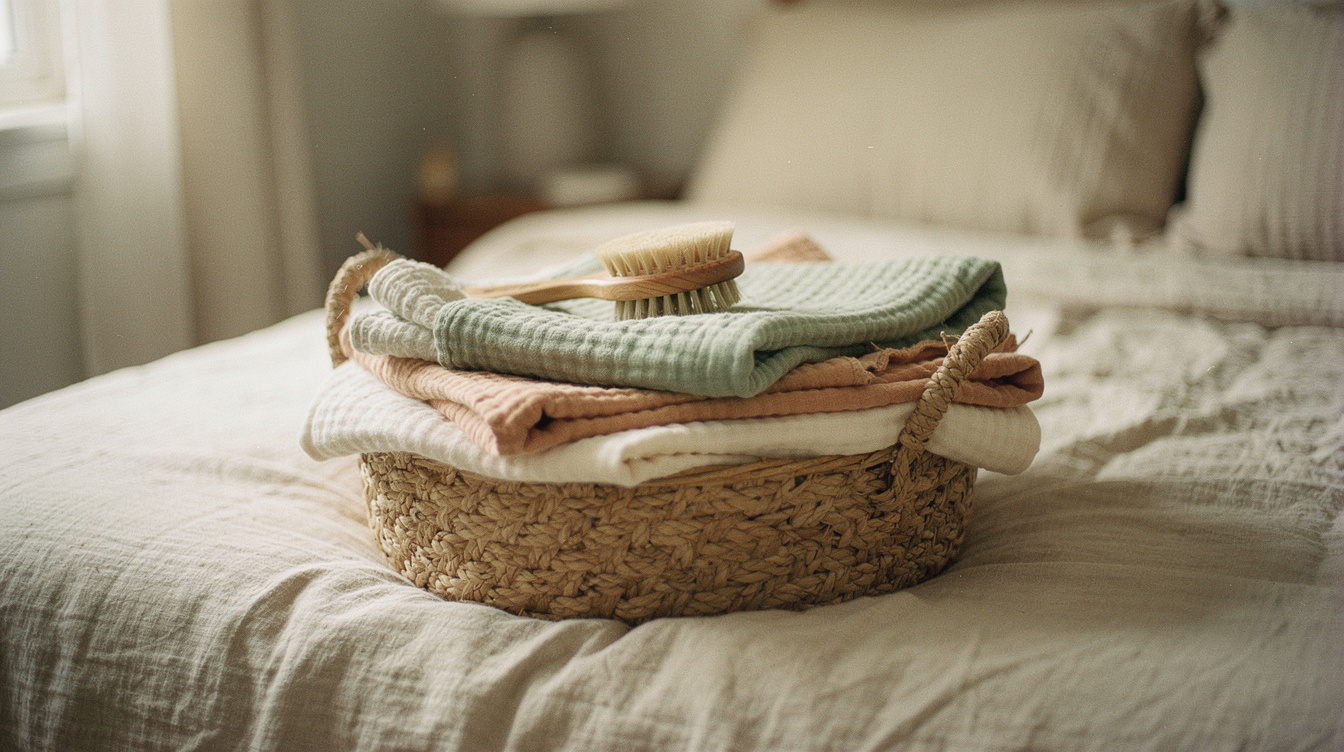 Folded muslin swaddle blankets and a soft baby brush in a woven basket on a made bed