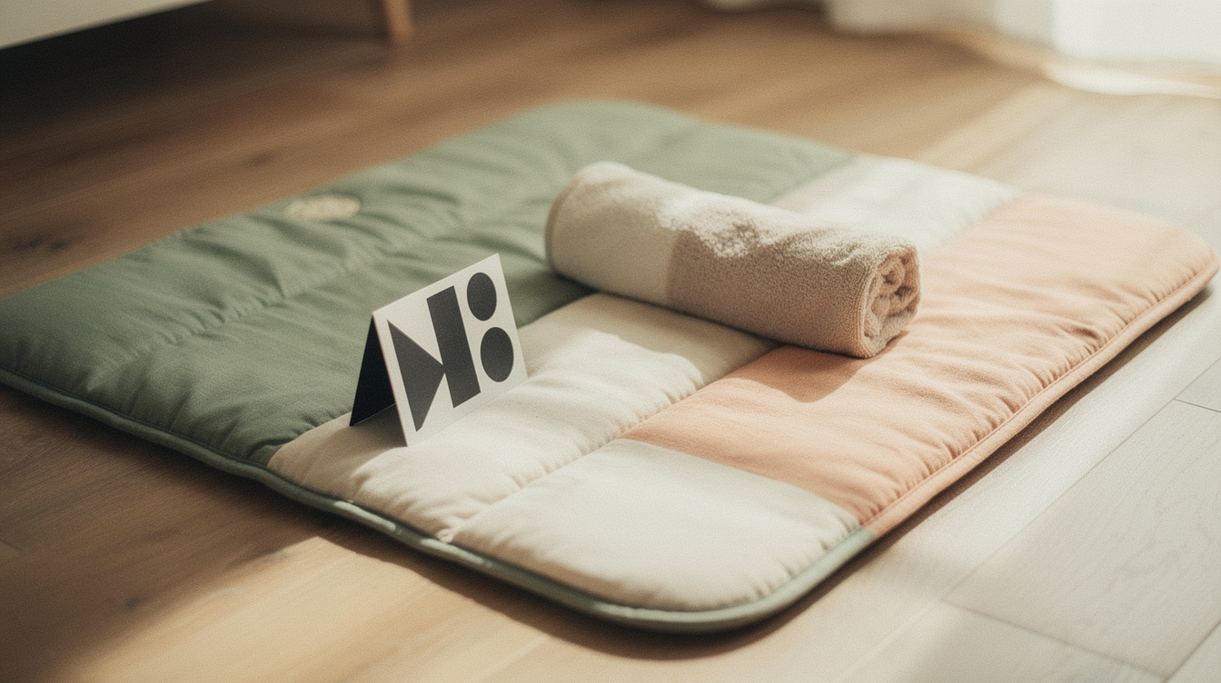 Folded muslin swaddle blankets and a soft baby brush in a woven basket on a made bed