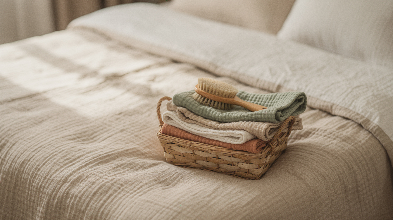 Folded muslin swaddle blankets and a soft baby brush in a woven basket on a made bed