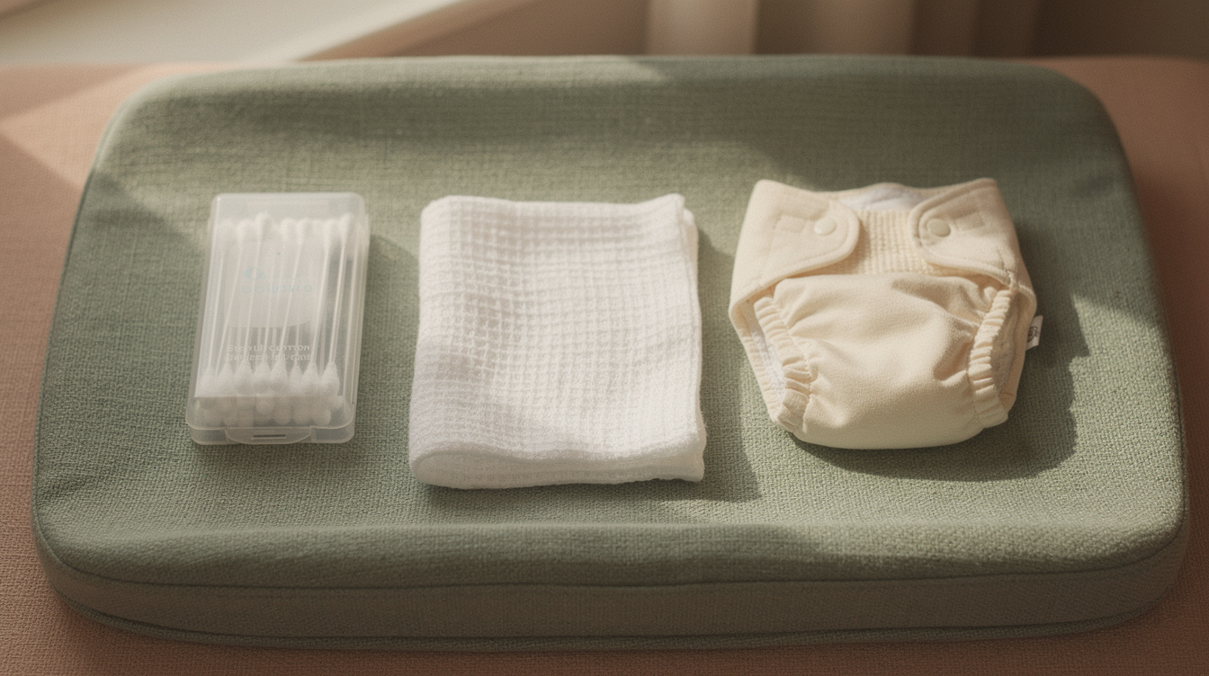 Folded muslin swaddle blankets and a soft baby brush in a woven basket on a made bed
