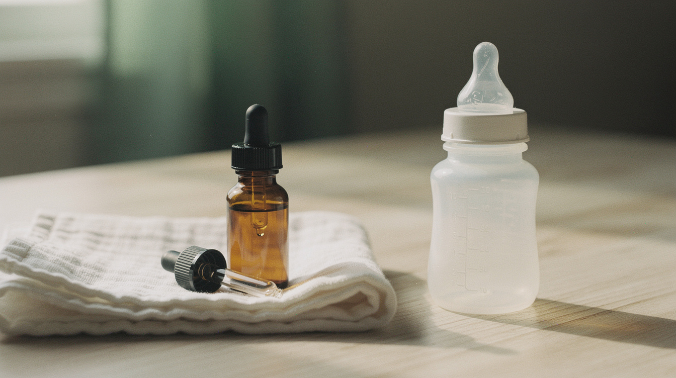 An amber-glass dropper bottle of infant vitamin D drops with the pipette laid beside it on a folded white muslin cloth, next to an empty baby bottle with clear ounce markings, on a light wood table in soft morning light