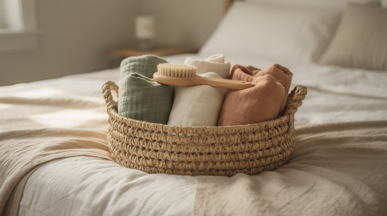Folded muslin swaddle blankets and a soft baby brush in a woven basket on a made bed