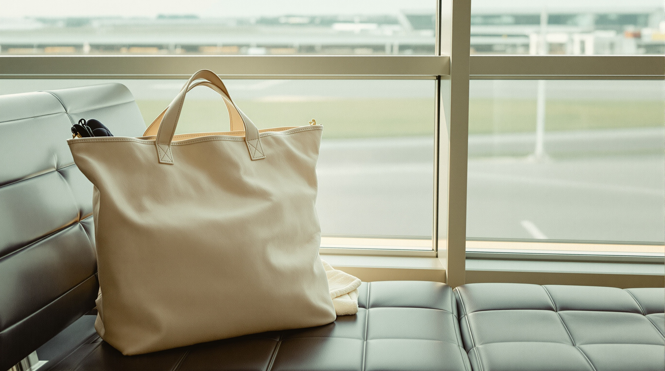 A carry-on bag and folded baby blanket by an airport gate window