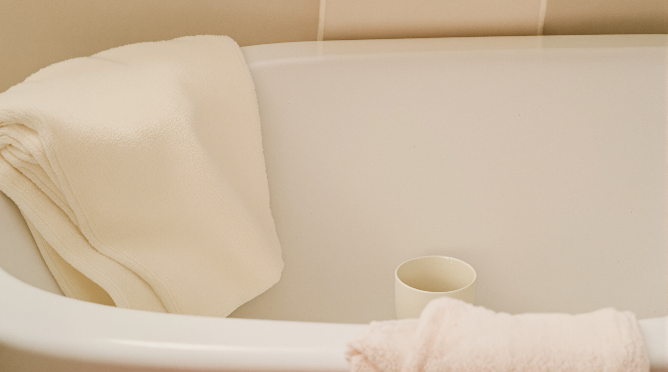 A small baby bathtub with a folded towel and rinse cup in soft bathroom light