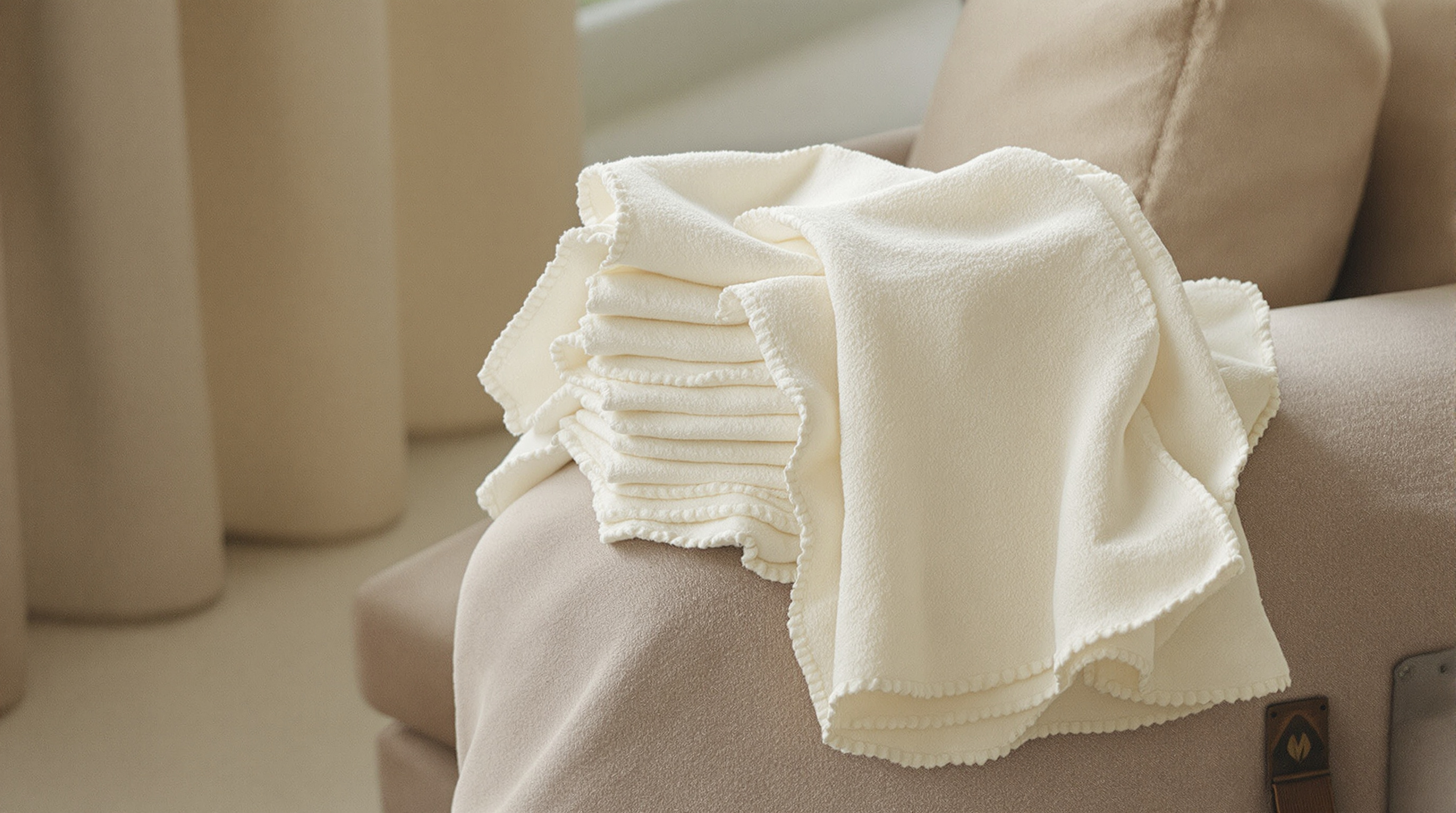 A stack of folded cloth burp rags on the arm of a chair