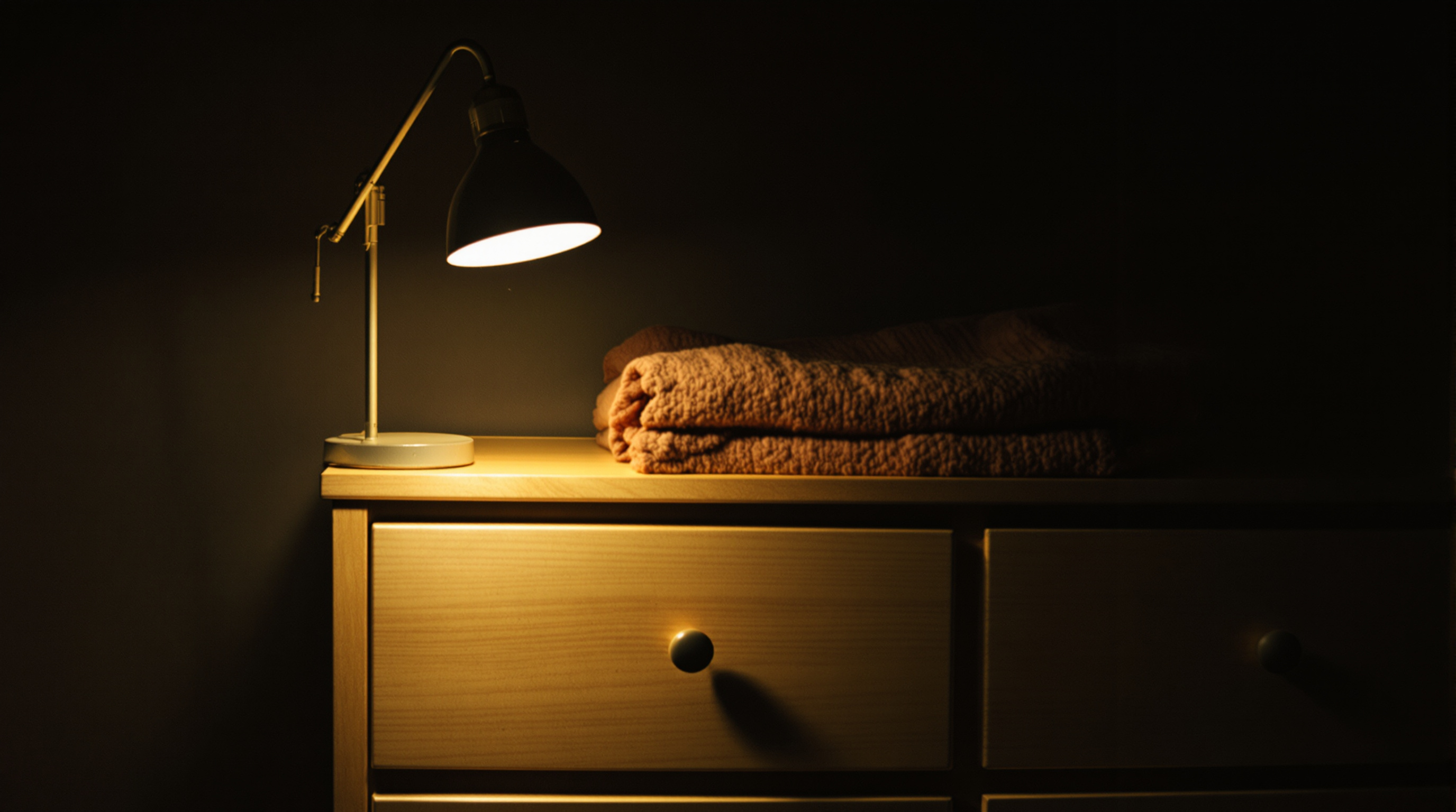 A warm lamp glowing over a nursery dresser at night