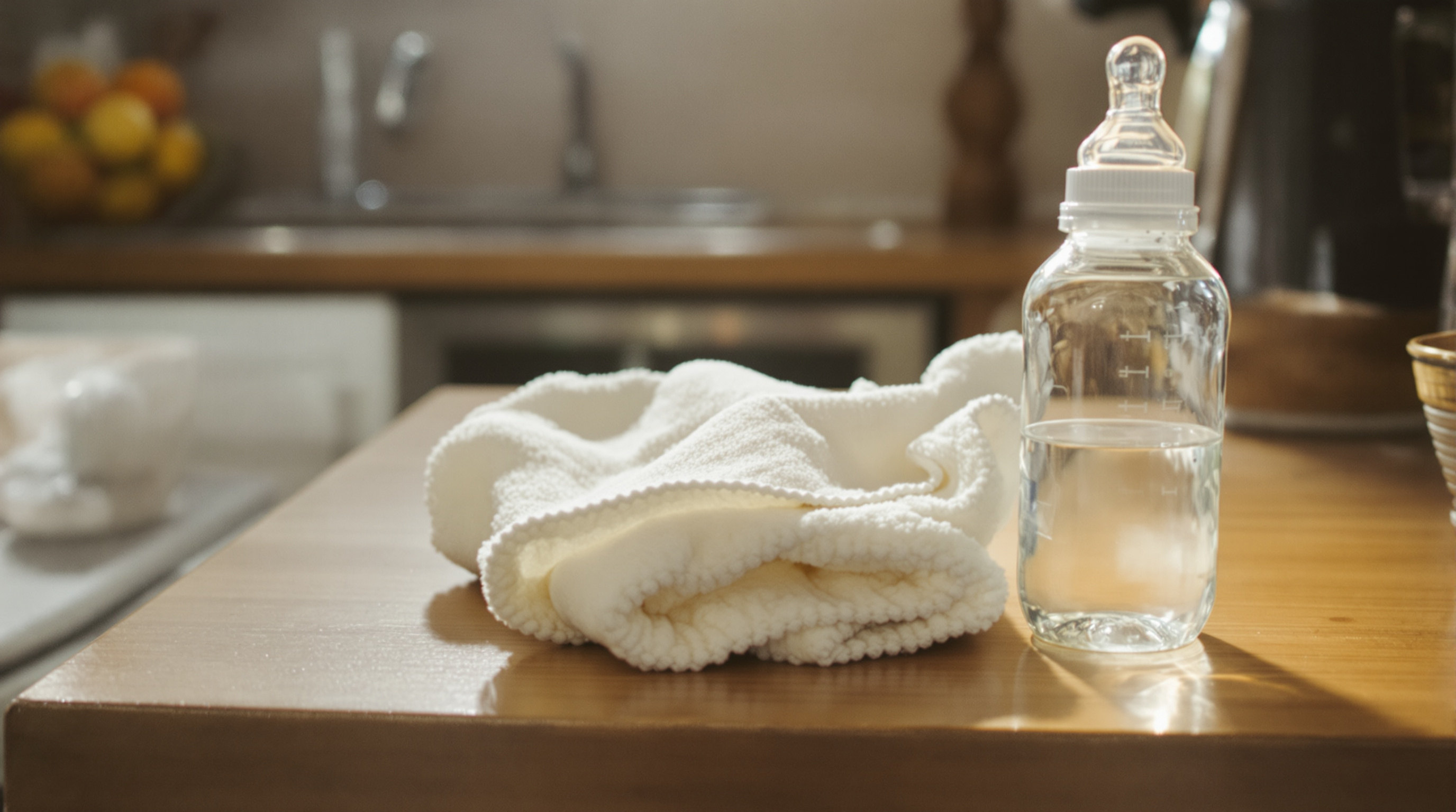 A glass baby bottle and folded burp cloth on a kitchen counter in morning light