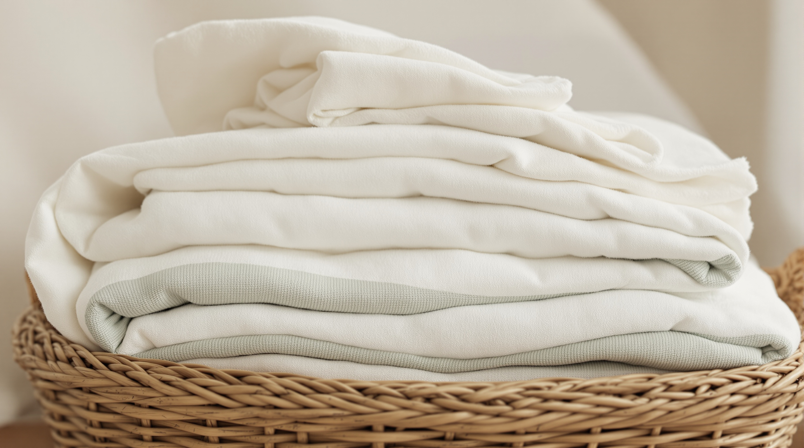 Folded muslin swaddle blankets in a woven basket