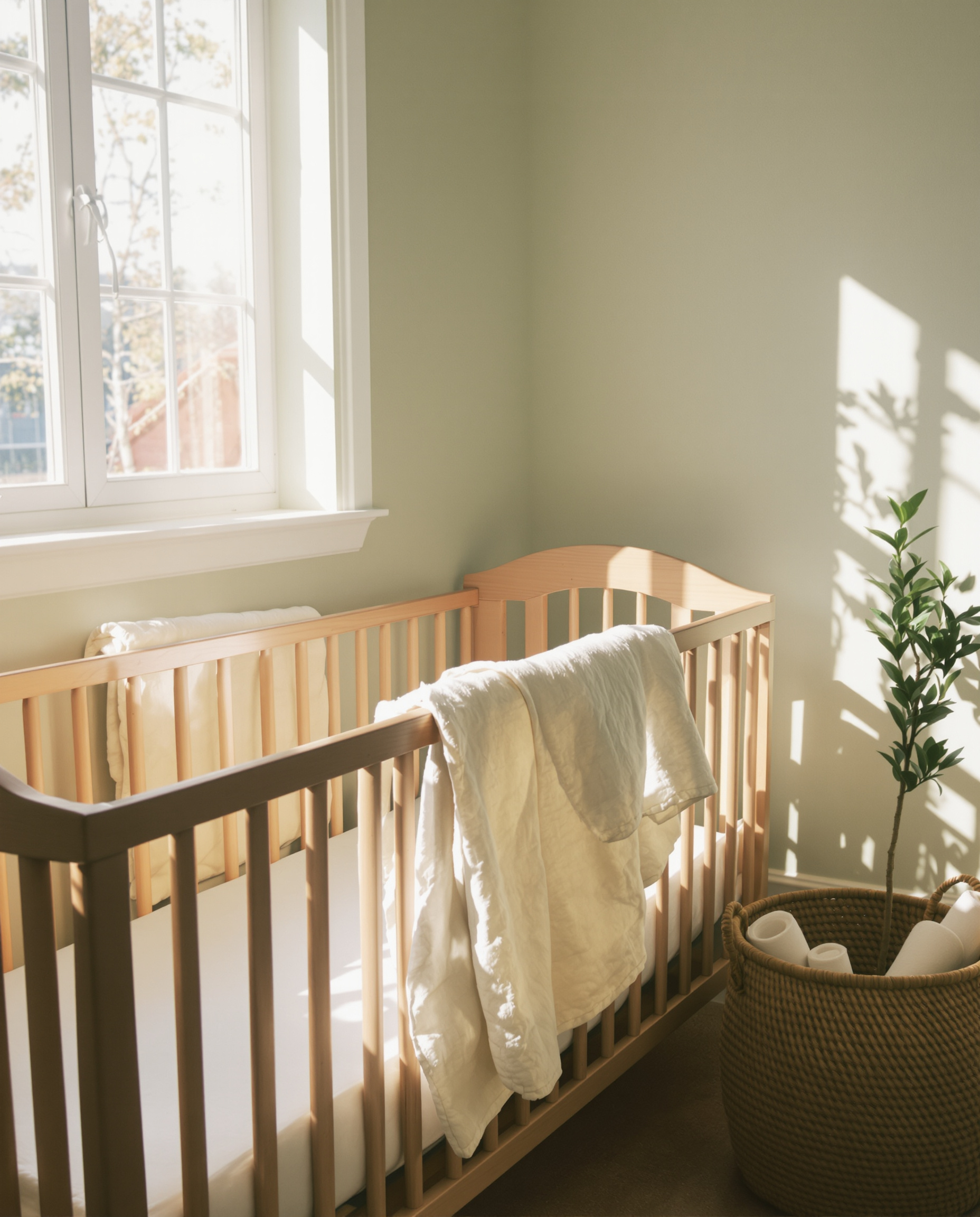 A sunlit nursery corner with a crib and folded linens, ready for a baby