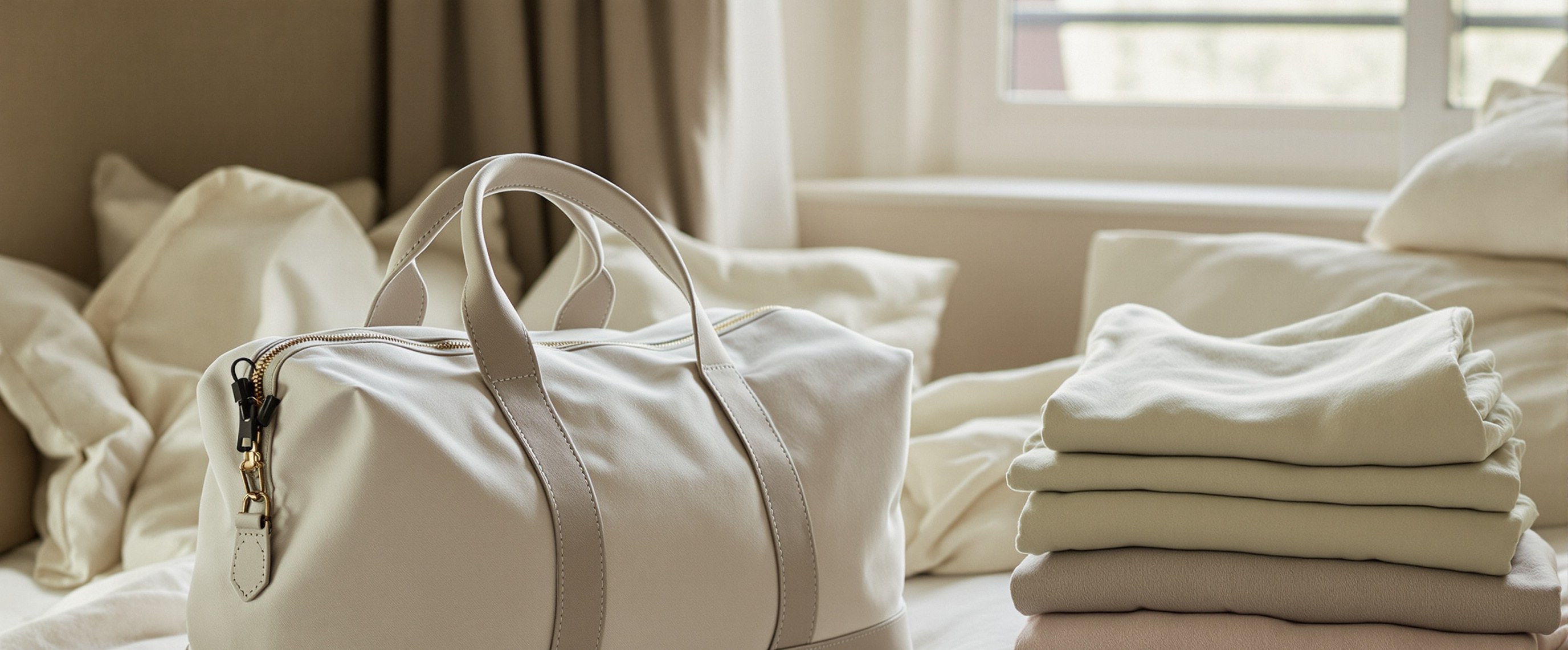 A packed weekender bag beside folded clothes on a bed