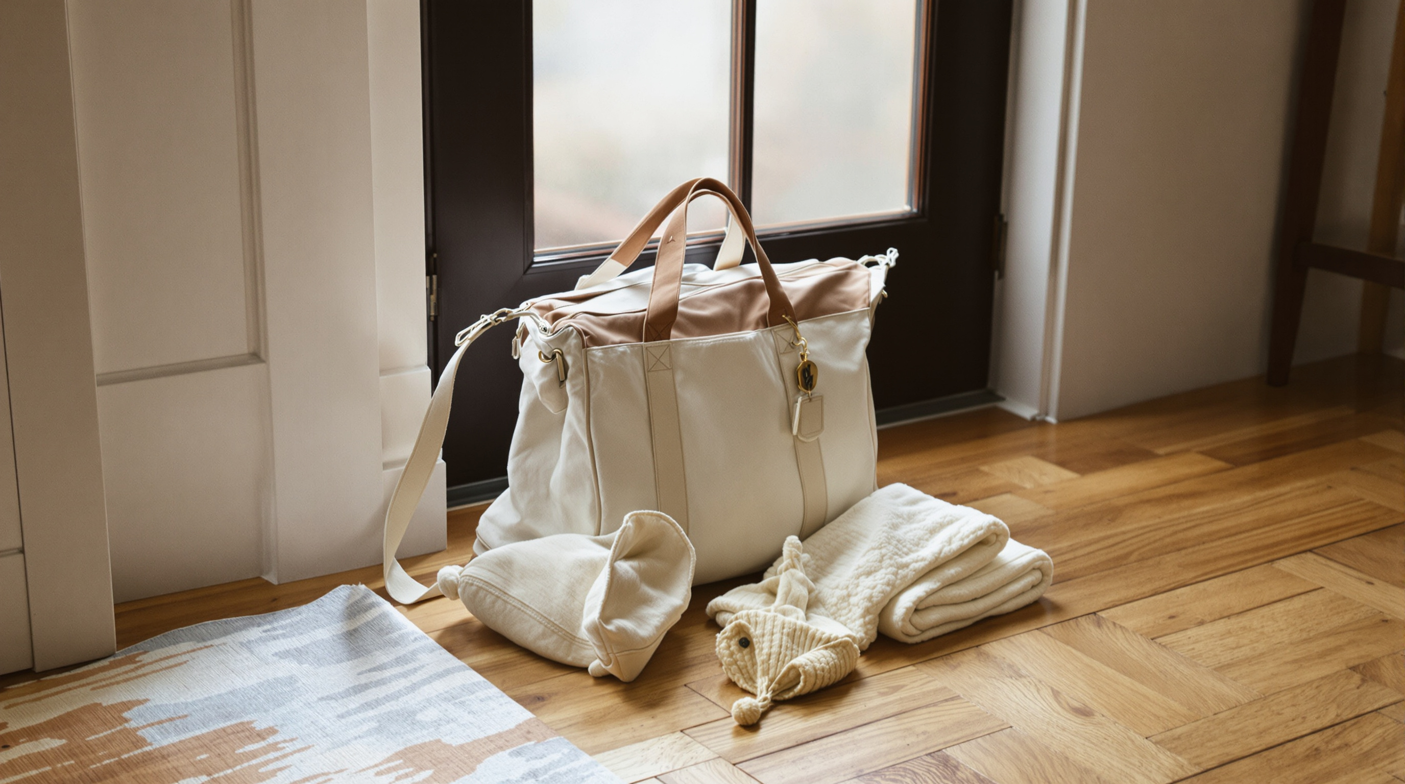 A packed diaper bag waiting by the front door