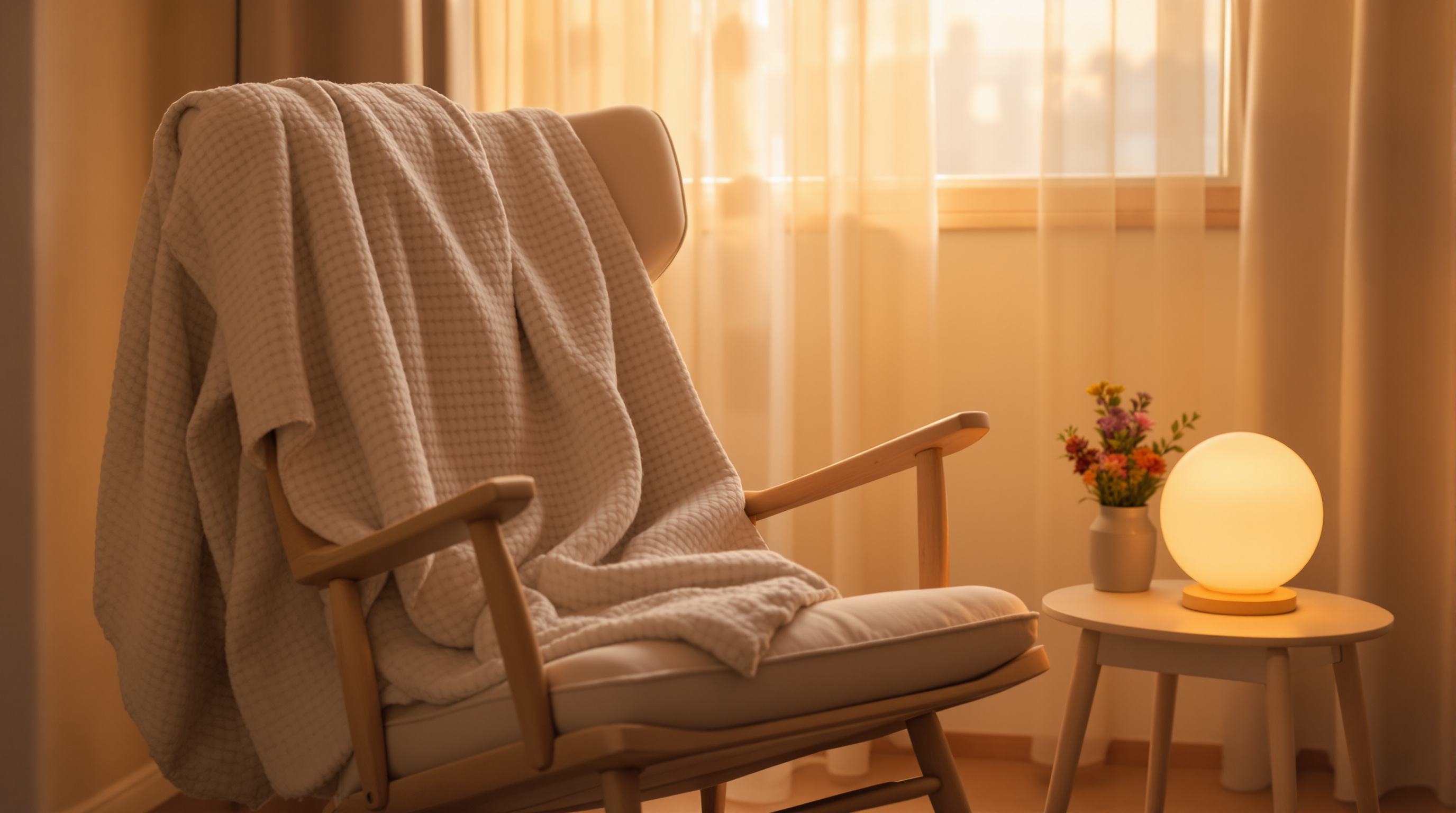 A rocking chair with a knit blanket beside a glowing lamp in a warm nursery